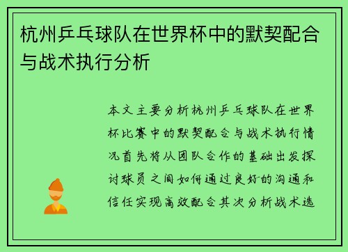 杭州乒乓球队在世界杯中的默契配合与战术执行分析