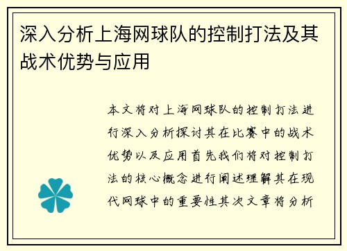 深入分析上海网球队的控制打法及其战术优势与应用